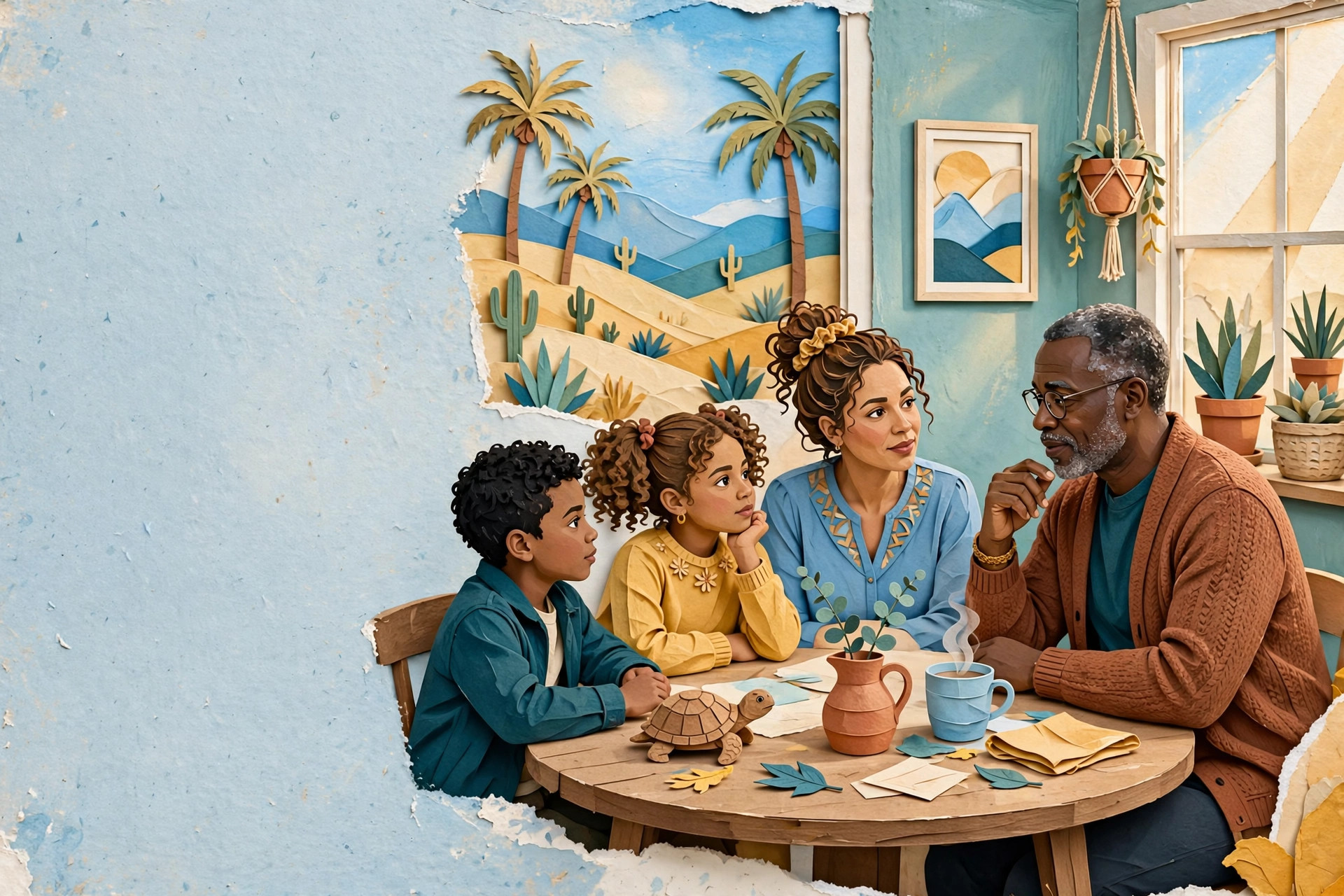 Illustration of a family-services facilitator guiding a calm family conversation around a table