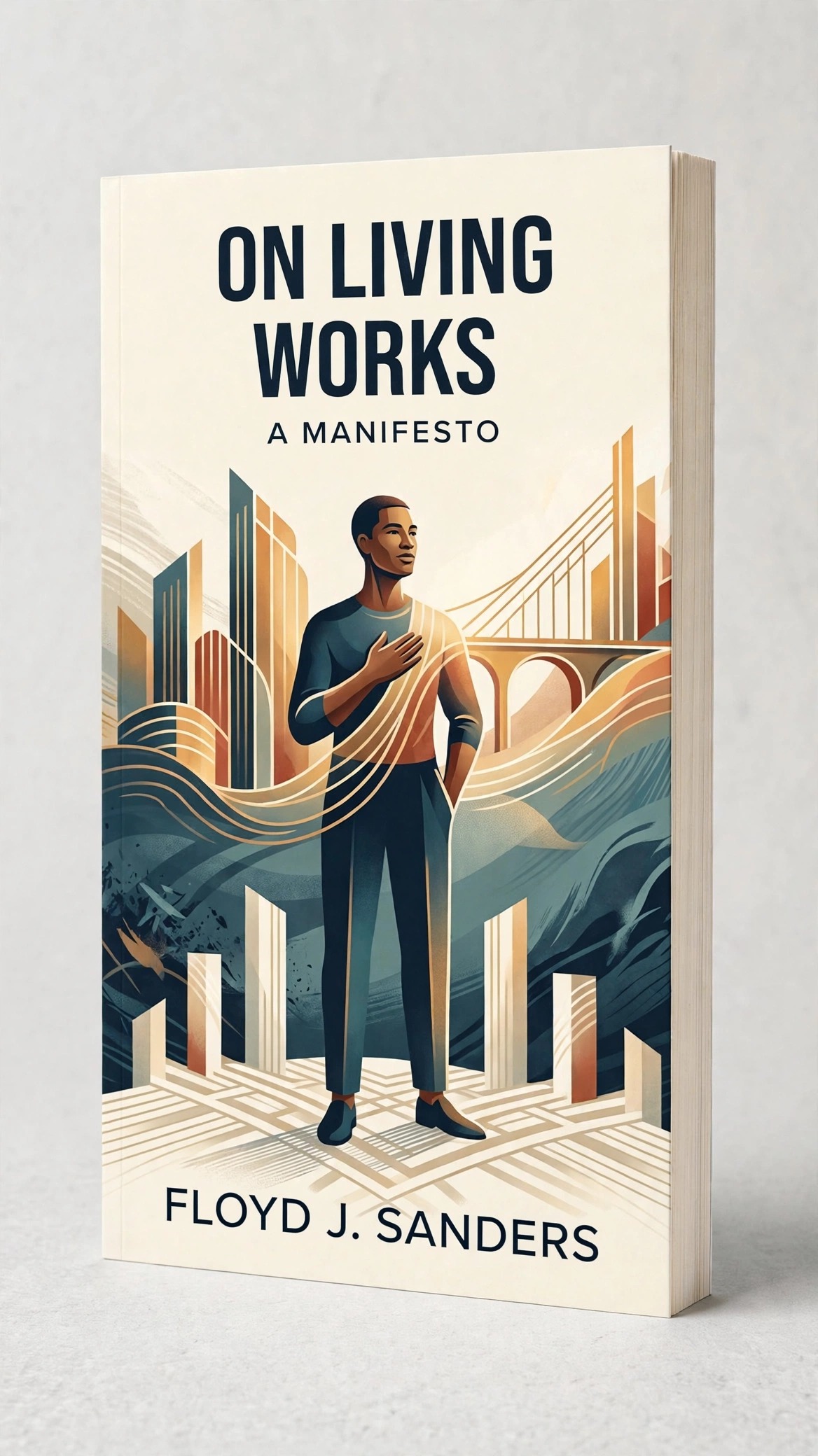 3D paperback mockup of On Living Works: A Manifesto by Floyd J. Sanders