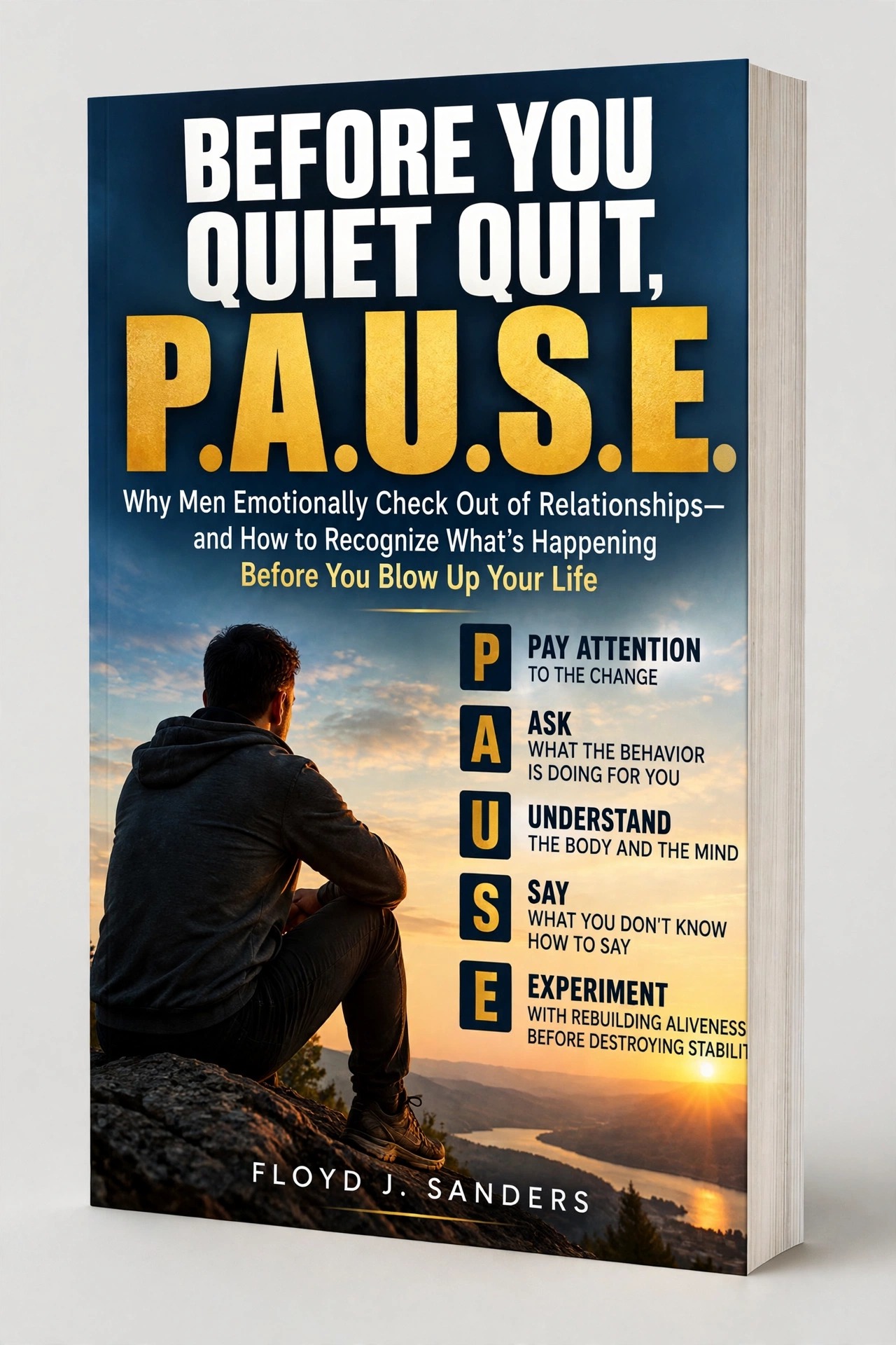 3D paperback mockup of Before You Quiet Quit, P.A.U.S.E. by Floyd J. Sanders