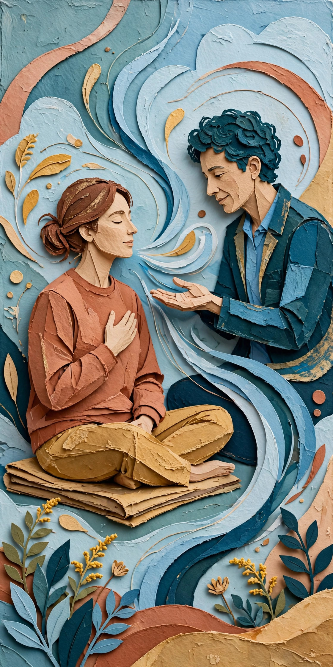 Illustration of an adult practicing a grounding breath with a facilitator